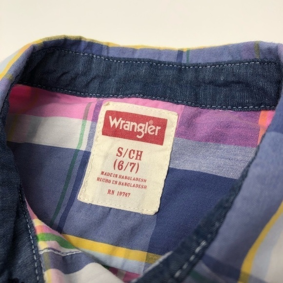 Wrangler Pink Blue Yellow & White Plaid Short Sleeve Button-up Shirt SIZE 6 - Picture 2 of 12